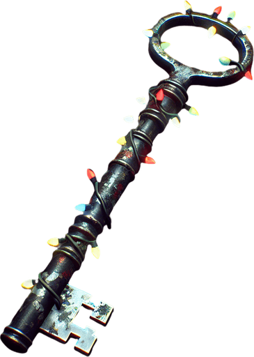 a simple dirty, dark and eerie Christmas light key.
Single Game Texture. In-Game asset. 2d. Blank background. High contrast. No shadows.