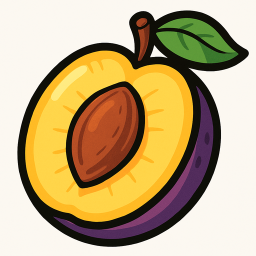 Ciruela Fruta cortada por la mitad.
In-Game asset.  2d.  High contrast.  No shadows. Cartoon.