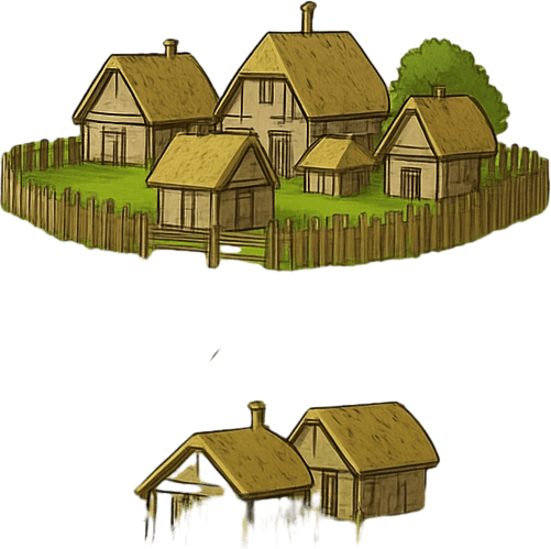 sağ üst köşeye çevresinde eski tahta çitler olan çok küçük bir köy ekle