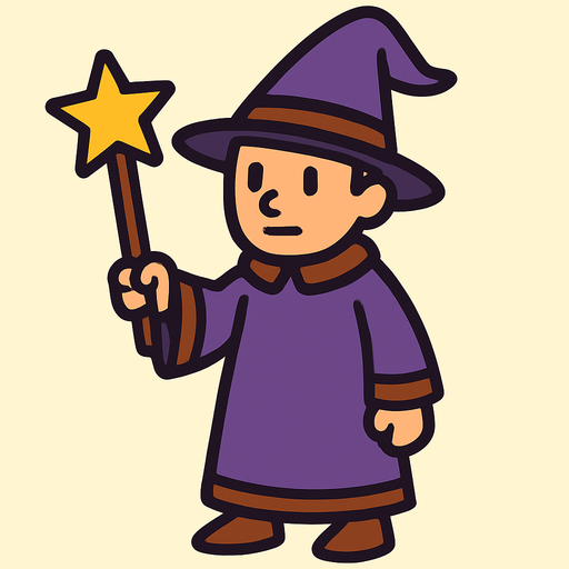 Mago con sombrero morado y marrón sin barba con varita con estrella, de cuerpo entero.
In-Game asset.  2d.  High contrast.  No shadows