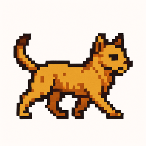 Pixel art orta çağ tarzında sarı yürüyen bir kedi beyaz arka planlı..
In-Game asset.  2d.  High contrast.  No shadows