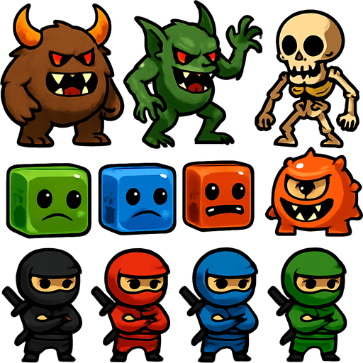 pack of different enemies for ninja game, monsters, slimes cubes monsters, ninjas with different colors each..
In-Game asset.  2d.  High contrast.  No shadows