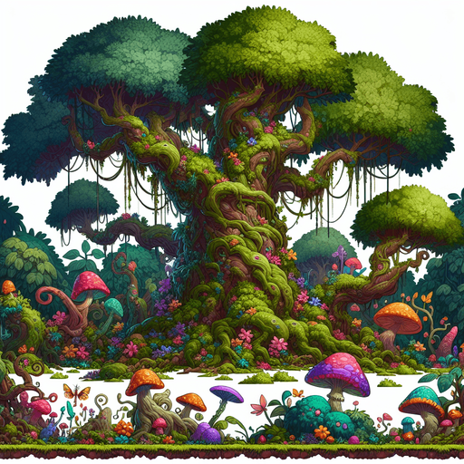 Enchanted forest.
Single Game Texture. In-Game asset. 2d. Blank background. High contrast. No shadows.