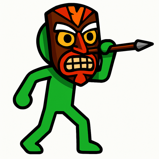 Green stickman with a tribal mask and a stick to shoot darts.
In-Game asset.  2d.  High contrast.  No shadows