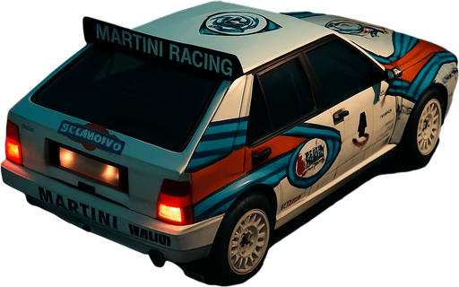 Photorealistic Lancia Delta Rallycar in nightlight, drone topview from back and 45 degrees angle in top right corner