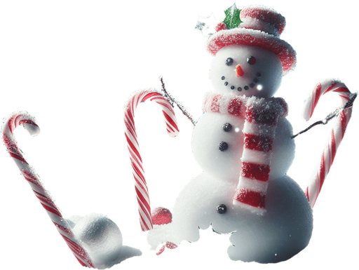 a feeric christmas landscape at night with a snow man , candy canes ,holly leafs and snow flakes, Background image