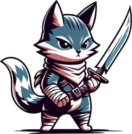 a cat carrying a knife.
Single Game Texture. In-Game asset. 2d. Blank background. High contrast. No shadows.