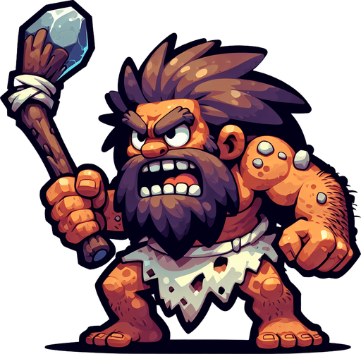 A animated image of a aggressive caveman with a club.
Single Game Texture. In-Game asset. 2d. Blank background. High contrast. No shadows.