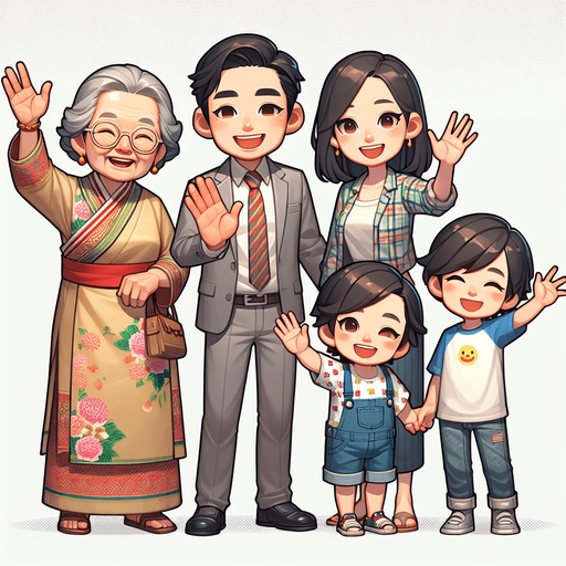 A smiling family waving..
Single Game Texture. In-Game asset. 2d. Blank background. High contrast. No shadows.