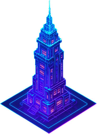 Top down isometric neon cyberpunk anime tower spire 3d hologram glowing  3d hologram hd large