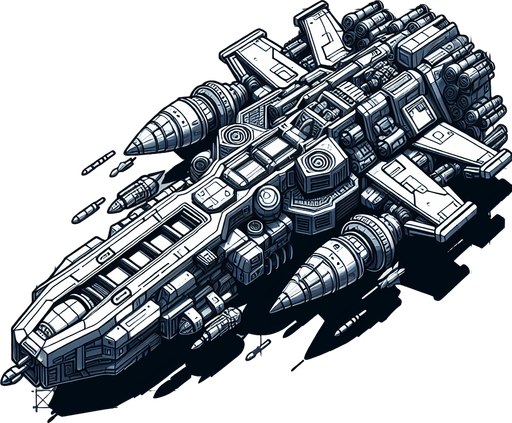 Space shooter with high weapons like missile and cannon blast.
Single Game Texture.  In-Game asset.  2d.  Blank background.  High contrast.  No shadows. 3d