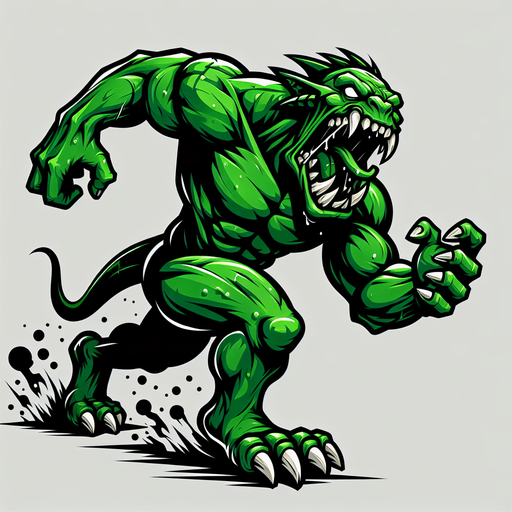 angry running green orc reptile taunting scarry.
Single Game Texture.  In-Game asset.  2d.  Blank background.  High contrast.  No shadows