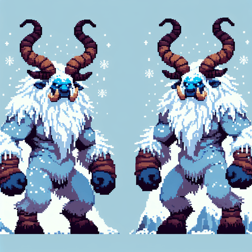A winter horned ogre enemy character. pixelart. front view.. Single Game Texture. In-Game asset. 2d. Blank background. High contrast. No shadows.