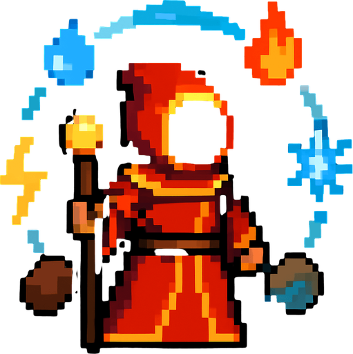 A pixel style magician from Magicka who has an arc around him of elements to be casted (fire, water, ice, rock, etc).
In-Game asset.  2d.  High contrast.  No shadows