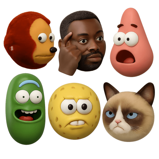 sprite sheet of famous modern meme faces of: Looking back awkward monkey puppet,
Think black Guy,
patrick the star,
pickle rick, spongebob, 
grumpy cat. each face shaped as a round marble shaped face made in blender 3D