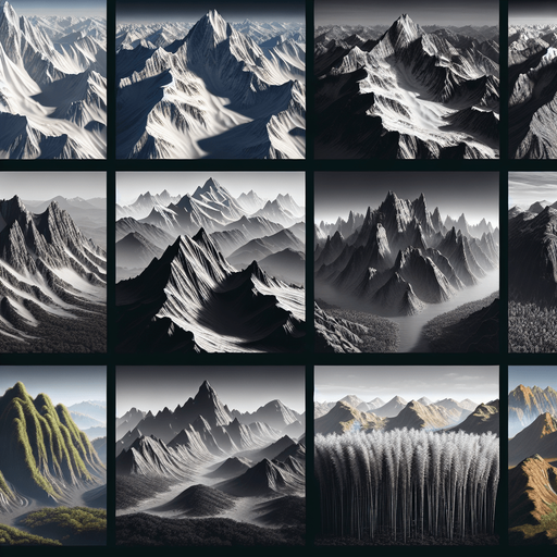 diffrent kinds of mountains.
Single Game Texture.  In-Game asset.  High contrast