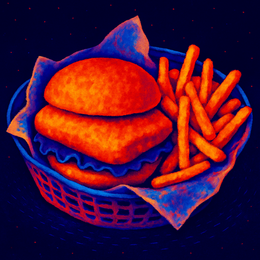 A fish burger and fries in a basket lined with paper.