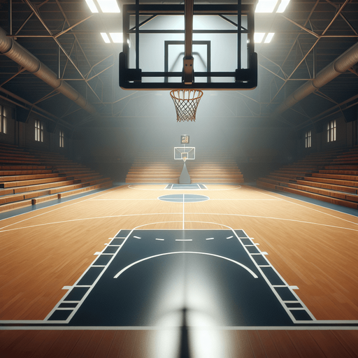 篮球场，写实风格，视角是站在篮球场中心看向其中一个篮筐，在体育馆内.
Single Game Texture. In-Game asset. 2d. Blank background. High contrast. No shadows.