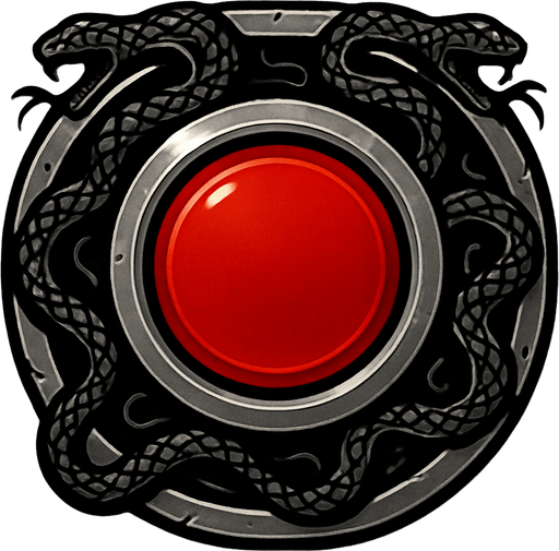 Metallic button frame, black snake patterns around, red middle of the button, metal gray frame.
In-Game asset.  2d.  High contrast.  No shadows