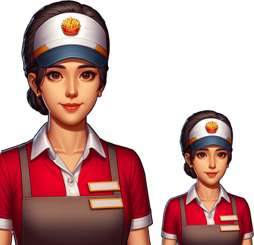 fast food employee.
Single Game Texture.  In-Game asset.  2d.  Blank background.  High contrast.  No shadows