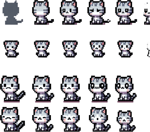 A spritesheet of a character sprite, which is a little grey and white striped cat, in various poses of sitting, looking happy, looking sad. Pixelart. The sprites should be laid out on a rectangular grid with clear space between them.Top down perspective..
Single Game Texture. In-Game asset. 2d. Blank background. High contrast. No shadows.