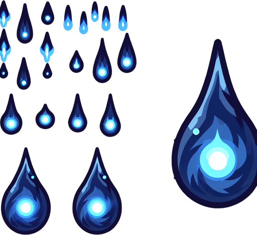 A sprite sheet of energy projectiles. Dark blue projectiles tear shaped with light blue energy core.
Single Game Texture. In-Game asset. 2d. Blank background. High contrast. No shadows.