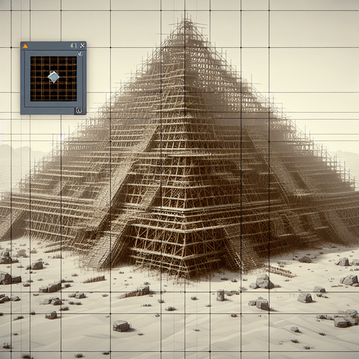 An animated image of an unfinished pyramid, with a label 'The building of the Pyramids of Giza.
Single Game Texture. In-Game asset. 2d. Blank background. High contrast. No shadows.