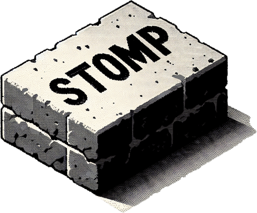 a forward facing brick with the writing "Stomp" Single Game Texture. In-Game asset. 2d. Blank background. High contrast. No shadows.