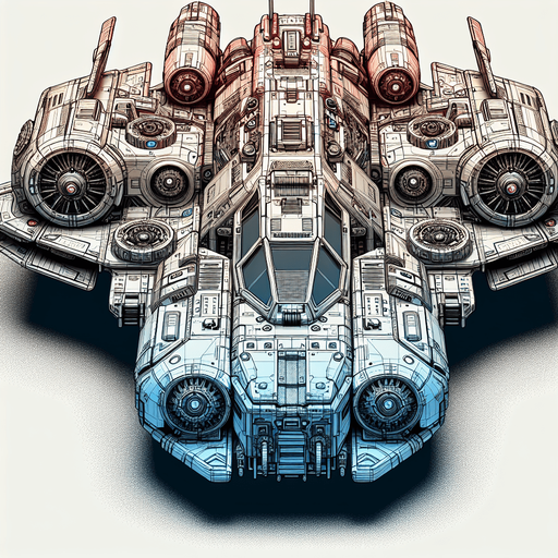 Space craft in facing forward.
Single Game Texture.  In-Game asset.  2d.  Blank background.  High contrast.  No shadows