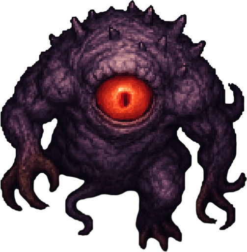“Top-down 2D pixel art of a massive purple monster with a single glowing red eye. The creature has a deformed, muscular body, rough light purple skin with spikes or scales, and a monstrous, intimidating stance. Its eye is large and central, glowing intensely with a sinister aura. Clawed hands or tentacles may be emerging from its body. Designed as a high-quality game sprite for a dark fantasy or horror-themed pixel art game.”