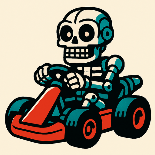 Un endoesqueleto animatronico en un kart.
In-Game asset.  2d.  High contrast.  No shadows