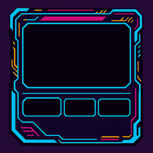 Empty cyberpunk style storybox design in which it's size enable song cover, difficulty level and song description to be added in the storybox.
In-Game asset.  2d.  High contrast.  No shadows