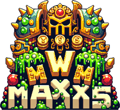 The words ‘Max vs Monsters’ in a pixel font. Max big on top, vs little in the middle, Monsters big on the bottom. Slime dripping from the bottom of monsters. The word Max is made out of armor and has gold coins and jewels around it. 
Single Game Texture.  In-Game asset.  2d.  Blank background.  High contrast.  No shadows