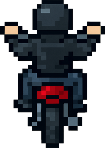 motociclista de chaqueta negra hecha con pixeles con perspectiva desde arriba y trasera.
In-Game asset.  2d.  High contrast.  No shadows