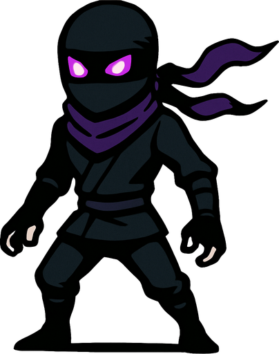 A ninja wearing tight black clothes, purple scarf, masked face, white skin, glowing purple eyes, slim and agile body, simple background, front-facing character with no background, standing pose, 2D game character.
In-Game asset.  2d.  High contrast.  No shadows