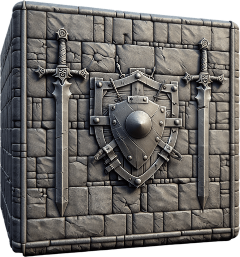 brick wall with shield and swords hanging in the middle of it..
Single Game Texture.  In-Game asset.  2d.  Blank background.  High contrast.  No shadows