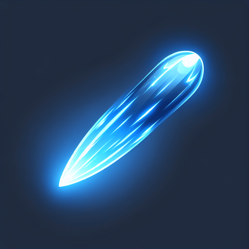 A 2D top-down view of a futuristic energy bullet for a space shooter game. The bullet is a glowing blue plasma projectile with a sleek, elongated shape and a slight energy trail behind it. The design is simple, bright, and high-speed-looking, suitable for fast-paced shooting gameplay.
Single Game Texture.  In-Game asset.  Blank background.  High contrast.  No shadows