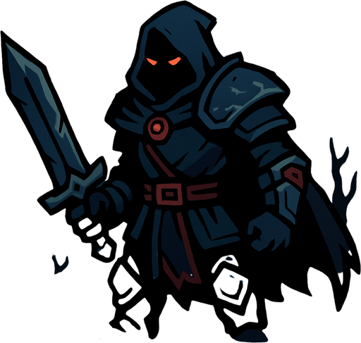 A dark fantasy night 2d a game hero.
In-Game asset.  2d.  High contrast.  No shadows