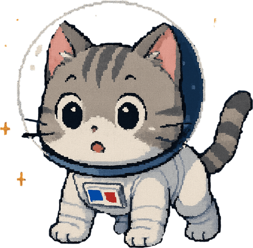 A cute kitten, illustrated in an adorable chibi anime style and wearing an astronaut suit, stands on all fours in outer space with a wide-eyed, surprised expression. Its body is slightly tense, as if it just saw something unexpected.