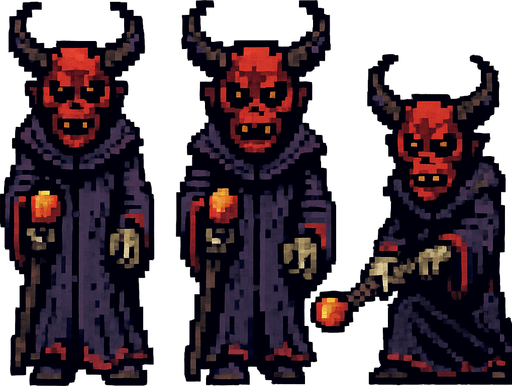 A sprite sheet for grotesque demonic sorcerer with a staff. Two walking sprites with alternating legs and one attack sprite where the staff is lowered and aimed to shoot a spell. Straight on front view. Retro pixelated art.. white background
In-Game asset.  2d.  High contrast.  No shadows