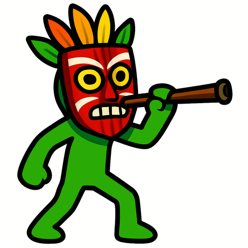 Green stickman with a tribal mask and a stick to shoot darts.
In-Game asset.  2d.  High contrast.  No shadows