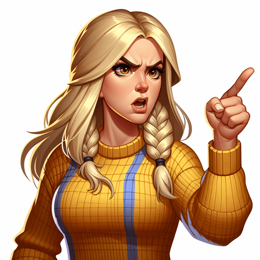 karen a white blonde woman from the meme "karen" screaming and point her finger to the right.
Single Game Texture.  In-Game asset.  2d.  High contrast.  No shadows