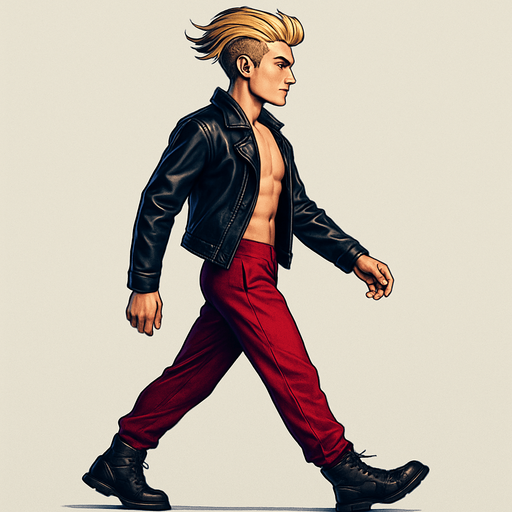 Walking Front arm in front of body, front leg extended behind, back leg in front, limbs positions swapped, Swishy graceful man Cyberpunk manga, side profile view walking animation, shiny black leather biker jacket longsleeves shirtless Skinny abs blonde pompadour guy, wine red joggers combat boots, Background removed, "Full-body character, entirely in frame, no cropping of face, head, or feet" "Complete character visible, from head to toe, fully centered in the image" "Entire character, including face and boots, fully within the frame" Character fully contained within a square frame, no edges cut off fashion model idle pose
