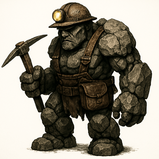 un golem de piedra que parezca un minero y que se vea ultra realista.
In-Game asset.  2d.  High contrast.  No shadows