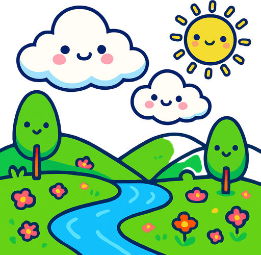 crea un paisaje kawai.
In-Game asset.  2d.  High contrast.  No shadows