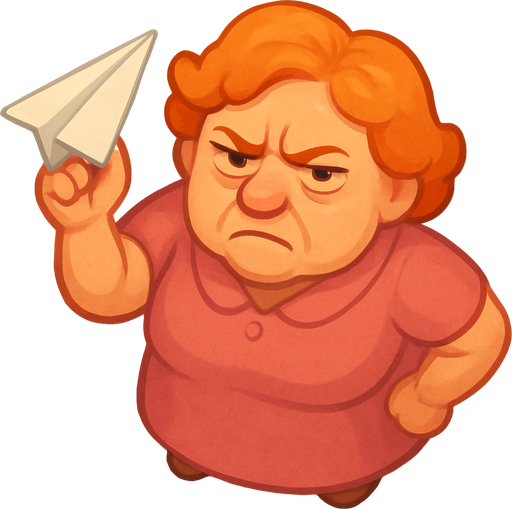 A lady ready to throw a paper plane. She has a pink dress and orange hair. She looks like she has been working in an office for 40 years. Make her look annoyed. Cute soft graphics. soft ambient light. semi-matte to satin surfaces. naturalistic with slight saturation boost colors. 
In-Game asset.  2d.  High contrast.  No shadows. top down. View from above.
