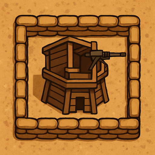 Top view of an small defense Military tower Brown in the desert, the image has a square border outlined by military defense sandbags.
In-Game asset.  2d.  High contrast.  No shadows