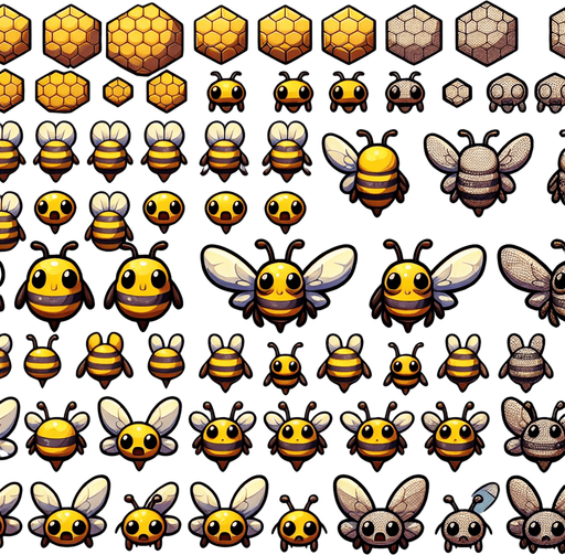 A sprite sheet of bees flying. Birds Eye view. No wings. Bold cartoon graphics. Looking down on bee
Single Game Texture. In-Game asset. 2d. Blank background. High contrast. No shadows.