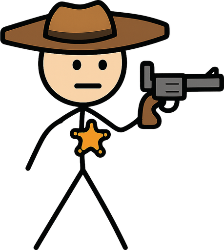 göğsünde bir şerif yıldızı olan silahlı bir stickman. No background. Transparent background. Blank background. No shadows. 2d. In-Game asset. flat