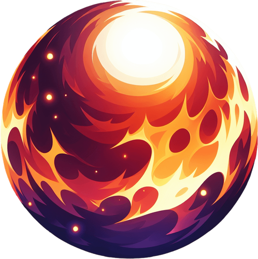 A ball of fire , white in center and darker around the edges.
Single Game Texture. In-Game asset. 2d. Blank background. High contrast. No shadows.